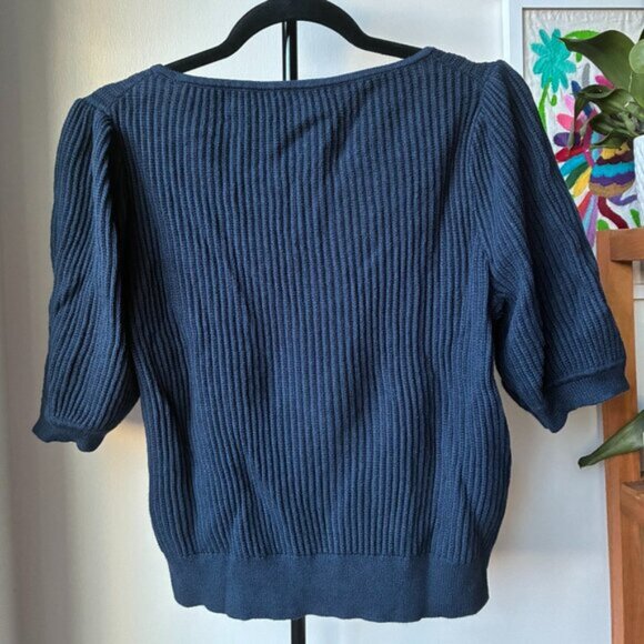 J. Crew Navy Blue Cashmere-Cotton Blend Scoop Neck Short Sleeve Sweater - Size L - Picture 4 of 8